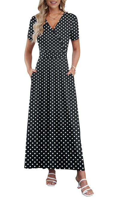 AUSELILY Maxi Dresses for Women Ankle Length Floral Print Beach Long Flowy Dress with Pockets(L,Black Dots)