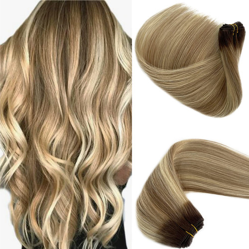 Hand Tied Weft Hair Extensions Human Hair 14 Inch Sew in Hair Extensions Real Human Hair Ombre Balayage Ash Brown to Beige Blonde Mix Platinum Blonde Hair Wefts Human Hair Sew in Hair Bundles Straight