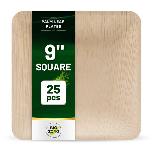 BIOZOYG Disposable 9" Inch Square Palm Leaf Plates, 25 Pcs Biodegradable & Compostable plates for Weddings, Parties, Bamboo plate like, EcoFriendly Alternative to Plastic and Paper plates
