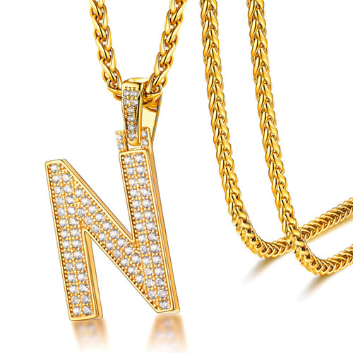 U7 Bling Initial Necklace 18K Gold Plated Full CZ Hip Hop Tennis Letter Pendant Alphabet N Necklaces for Men Women