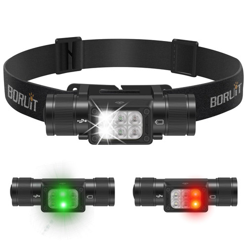BORUIT HP360 LED Rechargeable Headlamp with White Green Red Light,Super Bright 2000 Lumen Head Lamp Flashlight,IP67 Waterproof,7 Working Modes,Suitable for Adults Running Camping Hiking Fishing BORUIT HP360 LED Rechargeable Headlamp with White Green Red Light,Super Bright 2000 Lumen Head Lamp Flashlight,IP67 Waterproof,7 Working Modes,Suitable for Adults Running Camping Hiking Fishing