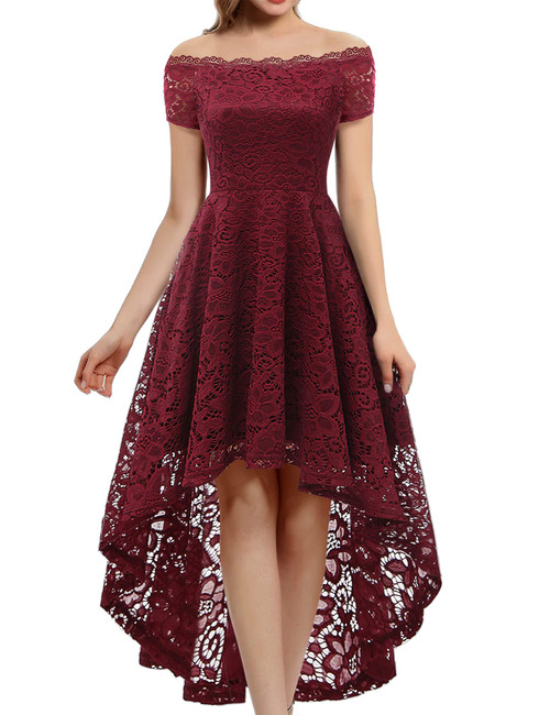 Dressystar Women's Lace Cocktail Dress Hi-Lo Off Shoulder Bridesmaid Swing Formal Party Dress 0042 Burgundy L