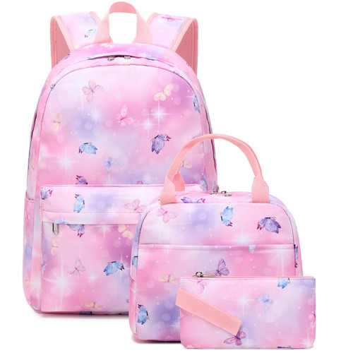 Dafelile Butterfly Backpack for Girls Kids School Backpack with Lunch Tote and Pencil Bag Teen Preschool Kindergarten Bookbags Set