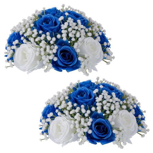 BLOSMON Fake Flowers Ball Wedding Centerpieces 2 Pcs Royal Blue Rose Babys Breath Artificial Flowers Center Pieces Decoration for Table Faux Silk Floral Bouquet Arrangements for Home Party DIY Decor