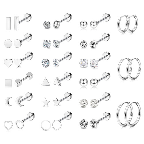LOLIAS 21 Pairs Cartilage Earrings Stud Hoop Gold Studs 18K Stainless Steel Screw Flat Back Earrings Hoop Earrings for Cartilage Tragus Daith Helix Ear Piercing Set,Silver