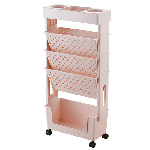 APBATS 5 Tier Mobile Bookshelf, Removable Movable Unique Bookcase, Utility Organizer Pink Bookshelves with Wheels for Kids Children Students Study in Bedroom Living Room Home School