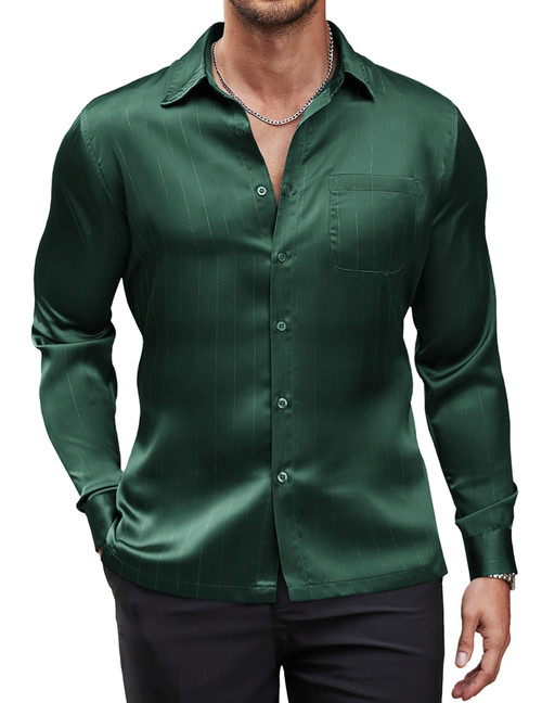 COOFANDY Shiny Shirts for Men Silk Satin Luxury Dress Shirts Long Sleeve Button Up Shirts (Army Green, Small)