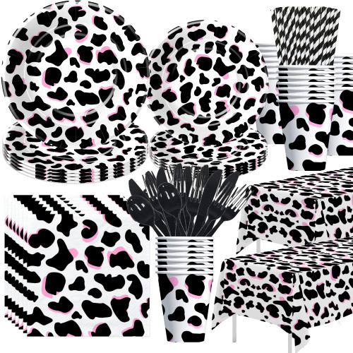 APOWBLS Cow Print Party Supplies For Girl Pink - Cow Birthday Baby Shower Decorations Tableware, Plate, Cup, Napkin, Tablecloth, Cutlery, Straw, Cow Farm Theme Party Decorations Dinnerware | Serve 24