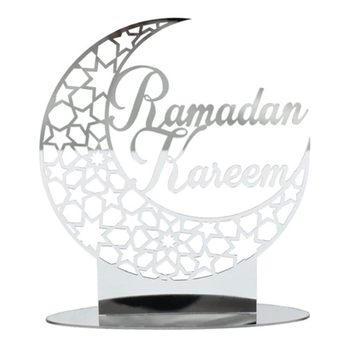 Eid Mubarak Ornament Acrylic Ramadan Table Decoration Moon Hollow Muslim Table Sign Sliver