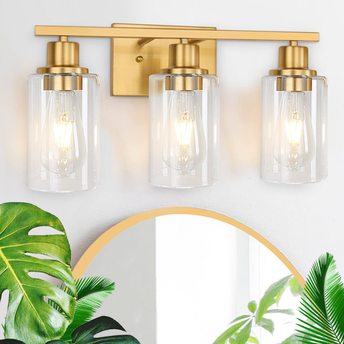 Apenath 3-Light Vanity Light Fixtures, Brushed Brass Bathroom Wall Lights, Modern Wall Sconces with Clear Glass Shade, Bathroom Wall Lamp for Mirror Kitchen Bedroom Hallway Cabinet Porch Apenath 3-Light Vanity Light Fixtures, Brushed Brass Bathroom Wall Lights, Modern Wall Sconces with Clear Glass Shade, Bathroom Wall Lamp for Mirror Kitchen Bedroom Hallway Cabinet Porch