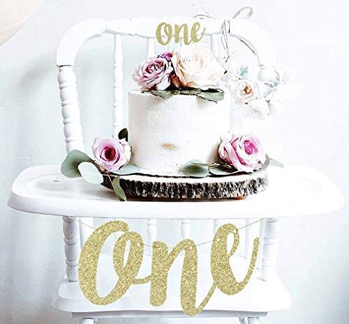1st First Birthday Decoration Set One High Chair Banner and One Cake Topper in Gold Glitter 1st First Birthday Decoration Set One High Chair Banner and One Cake Topper in Gold Glitter