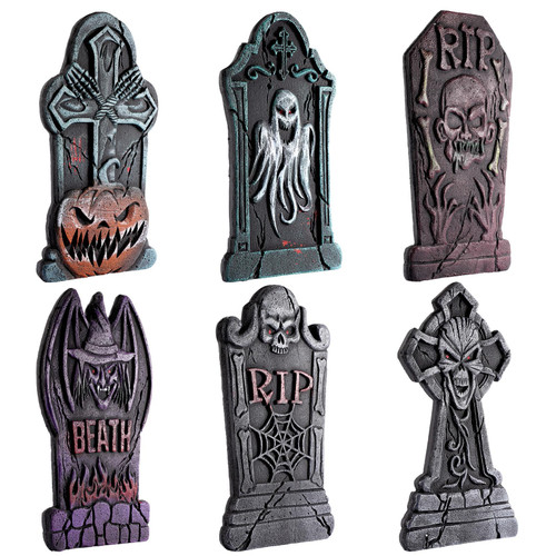 STOBOK Halloween Tombstone, 6pcs Halloween Foam Rip Graveyard Tombstone with 12 Metal Stakes Halloween Headstone Yard Signs for Haunted House, Lawn, Yard Decorations