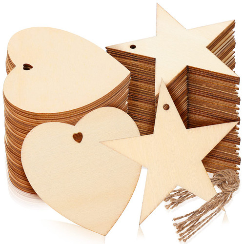Happyyami Unfinished Wood Labels 100Pcs Natural Wooden Star Cutouts Unfinished Wooden Heart Embellishments Wooden Heart Ornament Slices with Natural Twine for Christmas, DIY Craft Blank Wood Tags
