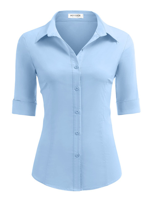 HOTOUCH Blue Cotton Button Down Shirt Women Slim Fit 3/4 Sleeve Button Down Blouse Collared Shirts (Clear Blue XL)