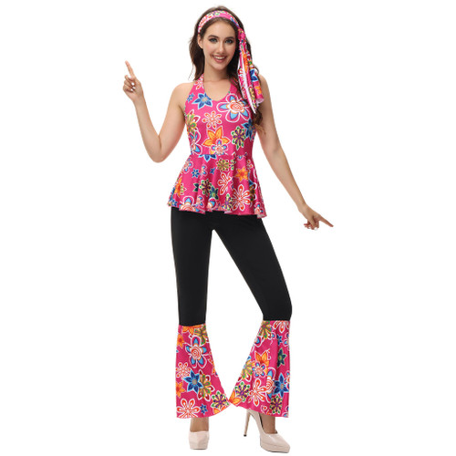 Haorugut Disco Outfit Women 70s Disco Tops and Disco Pants for Women Disco Costume Queen Two Piece Pink S