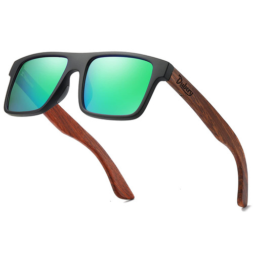 DUBERY Wood Frame Square Polarized Sunglasses for Men Women UV400 Protection Wooden Sun Glasses D833,Green Mirrored