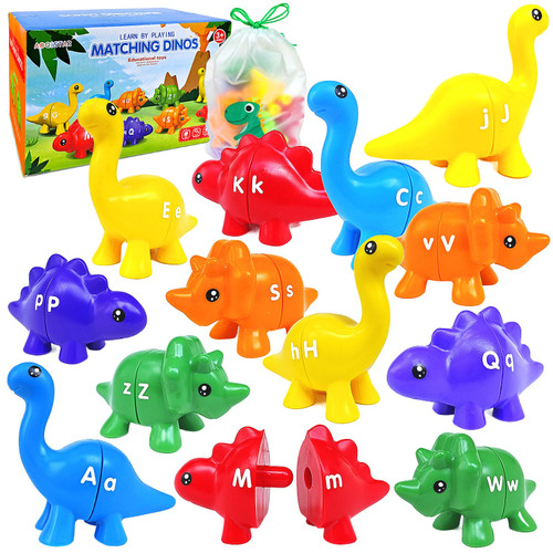 Matching Alphabet Dinosaur Toys for Kids 3-5, Learning ABC Letter for Toddlers Boys Girls Dino Match Game with Uppercase Lowercase Preschool Educational Montessori Fine Motor Toy 13 PCS Double-Sided