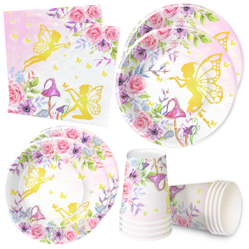 APOWBLS Fairy Party Supplies - Fairy Party Decorations Tableware For Birthday & Baby Shower, Plate, Cup, Napkin, Floral Enchanted Gold Fairy Theme Party Supplies Spring Tea Party Dinnerware | Serve 24