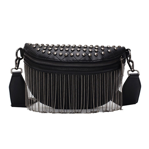 Women Girls Leather Fanny Pack Glitter Rhinestone Tassel Crossbody Shoulder Bag Rivet Chest Bag Fashion Waist Bag