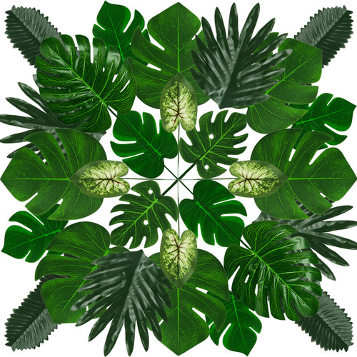 PietyPet 50 Pieces 7 Kinds Tropical Party Decorations Jungle Monstera Leaves Safari Leaves, Artificial Palm Leaves with Faux Stem for Hawaiian Luau Party Jungle Beach Table Leave Decorations