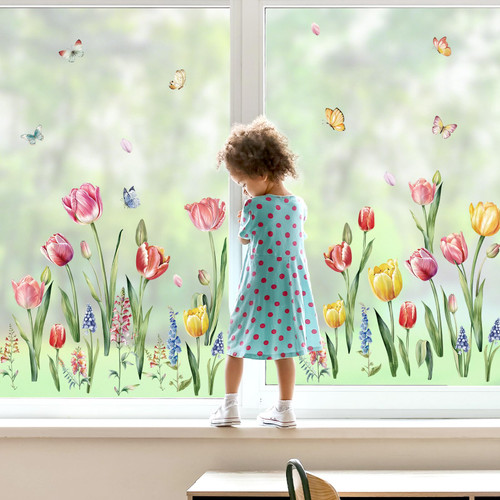 decalmile Summer Tulips Flower Double Sided Window Clings Garden Floral Butterfly Window Decals Anti-Collision Glass Doors Window Stickers