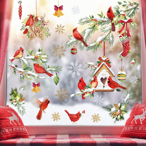 wondever Cardinal Christmas Window Clings Red Bird Tree Branch Glass Sticker Decal Anti Collision Double-Side Static Christmas Window Decals for Xmas Home Party Glass