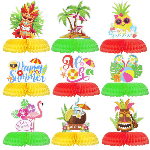 9 Pcs Hawaiian Luau Themed Party Decorations Honeycomb Hello Summer Tropical Let's Flamingo Centerpieces Table Decorations for Kids Hawaii Pool Party Favors Beach Theme Decor
