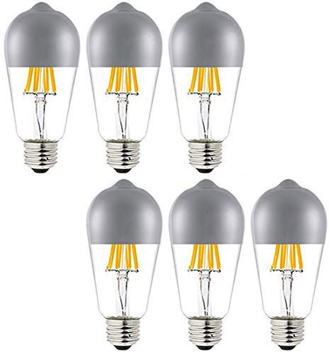 Bulbright 6Pack Half Chrome LED Filament Bulb ST21 6W LED Light Bulb, Silver Bowl Tipped, E26 Base, Soft Warm White 2700K, 60W Equivalent, 110-120VAC, Dimmable (6)