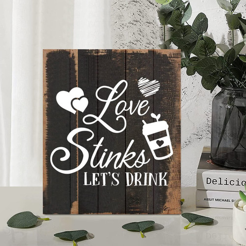 Country Rustic Style 10x12in Wood Sign Inspirational Phrase Love Stinks Let's Drink Wooden Wall Plaque for Farmhouse Porch Living Room Garden Yard Kitchen Coffee Bar Home Decor