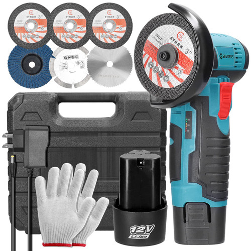 Angle Grinder, Geevorks Mini Angle Grinder Cordless 12V 19500RPM, with 2PCS 1500mAh Battery/Nylon Cutting Blade-s/Grinding Disc/Metal Cutting Disc