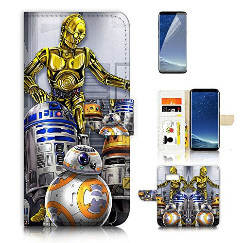 (For Samsung Galaxy S8+/S8 Plus) Flip Wallet Style Case Cover, Shock Protection Design with Screen Protector - B31047 Starwars R2D2 BB8 C-3PO