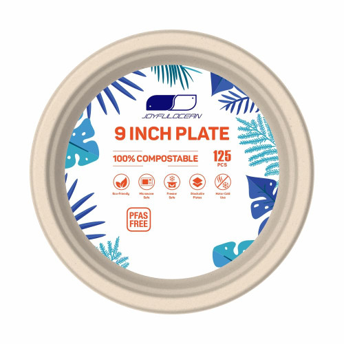 JOYFULOCEAN Paper Plates, 125 Count Compostable Disposable Paper Plates, Party Plates 9 Inch Heavy Duty, Bagasse Natural Biodegradable Eco-Friendly Sugarcane Fibers Plate