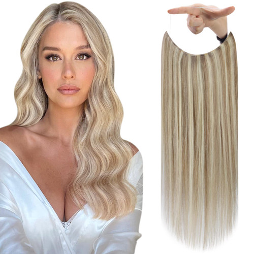 Fshine Wire Hair Extensions Blonde Fishing Wire Hair Extensions Human Hair Golden Blonde Mix Dark Ash Blonde Invisible Wire Human Hair Extensions 12inch 70g