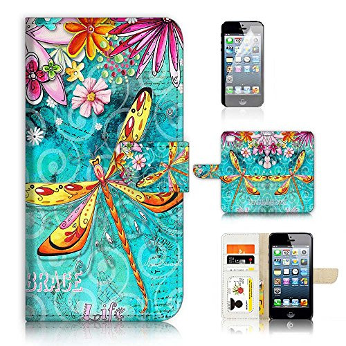 ( For iPhone 5 5S / iPhone SE ) Flip Wallet Case Cover & Screen Protector Bundle - A21095 Dragonfly