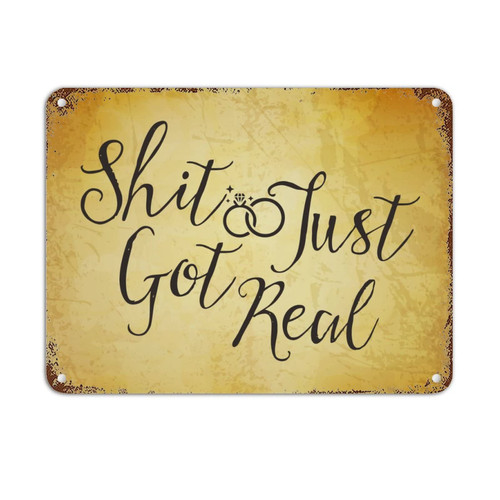 12x16in Metal Tin Retro Signs Positive Quotes Shit Just Got Real Aluminum Tin Sign Wall Art Hanging Bible Quotes Chic Metal Signs for Door Living Room Office Home Garden Decor