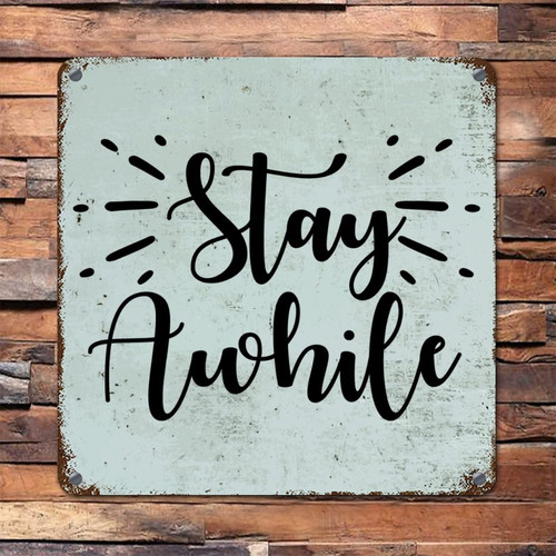 Bible Verse Rust Retro Metal Sign Family Quote Home Theme Stay Awhile Aluminum Tin Sign Wall Art Hanging Shabby Metal Signs for Door Living Room Office Home Garden Decor 15x15in