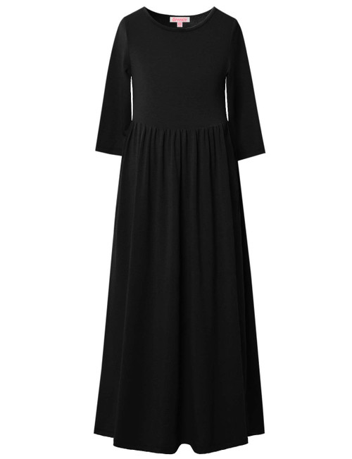 QPANCY Big Girls Long Dresses 7-16 Ankle Length Maxi Dress Casual Black 3/4 Sleeve