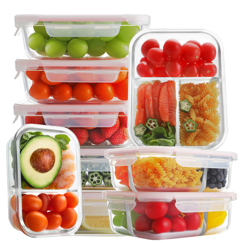 Bayco 9 Pack Glass Meal Prep Containers 3 & 2 & 1 Compartment, Glass Food Storage Containers with Lids, Airtight Glass Lunch Bento Boxes, BPA-Free & Leak Proof (9 lids & 9 Containers) - Pink Bayco 9 Pack Glass Meal Prep Containers 3 & 2 & 1 Compartment, Glass Food Storage Containers with Lids, Airtight Glass Lunch Bento Boxes, BPA-Free & Leak Proof (9 lids & 9 Containers) - Pink