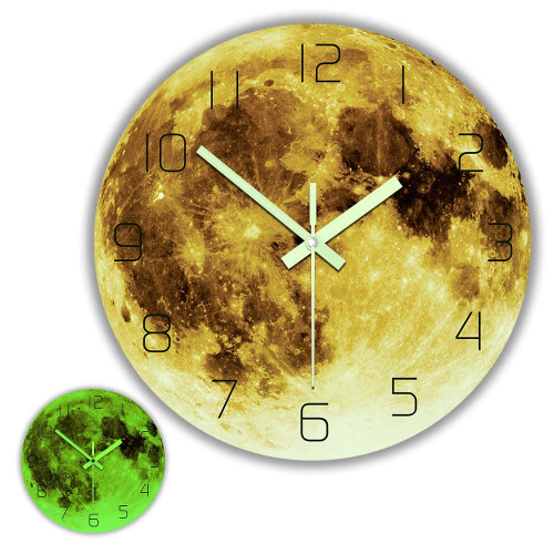 The Geeky Days Glow in The Dark Wall Clock, Yellow Full Moon 12inch Modern Luminous Silent Clock, Battery Operated Quartz Space Harvest Moon Acrylic Round Watch for Nursery Kids Room Decor