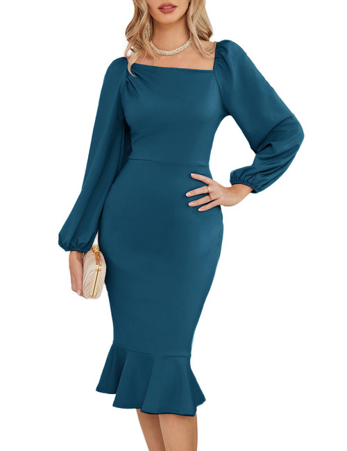 Mermaid Wedding Guest Dress for Women Bodycon Formal Cocktail Evening Party Long Sleeve Midi Peacock Blue L
