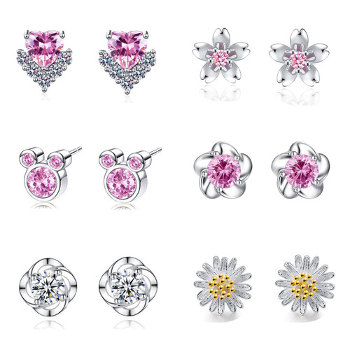 GUROTD 6 Pairs Sterling Silver Stud Earrings for Women Girls 925 Silver Stud Earrings Tiny Flower Heart Butterfly Stud Earrings Hypoallergenic Cubic Zirconia Diamond Stud Earrings Set