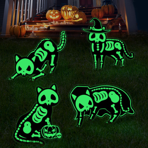 DISHIO Halloween Decorations Yard Signs Outdoor Glow in The Dark 4PCS Black Cat Signs Skeleton Reflective Cat Silhouette Yard Sign Stakes for Home, Creepy Fluorescent Cat Indoor Scary Decor Props