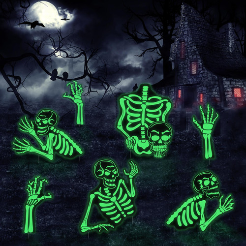 Halloween Decorations Outdoor Yard Signs, 7PCS Graveyard Scary Halloween Decorations Skeleton Ghosts Zombie Hands Glow in the Dark with Stakes for Lawn Signs, DISHIO Fluorescent Creepy Decor Props
