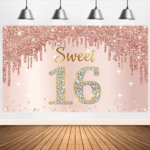 Happy Sweet 16th Birthday Banner Backdrop Decorations for Girls, Rose Gold Sweet 16 Birthday Party Sign Supplies, Pink Sweet Sixteen Birthday Poster Background Photo Booth Props Decor