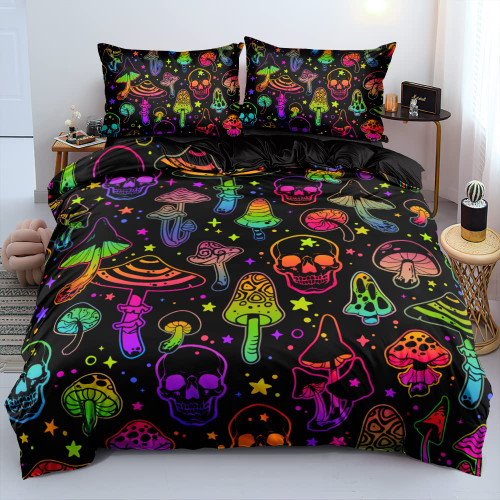 Holiyjog Mushroom Duvet Cover King Trippy Comforter Cover Aesthetic Bedding Set Colorful Bed Set Spring Mushroom Bedroom Decor