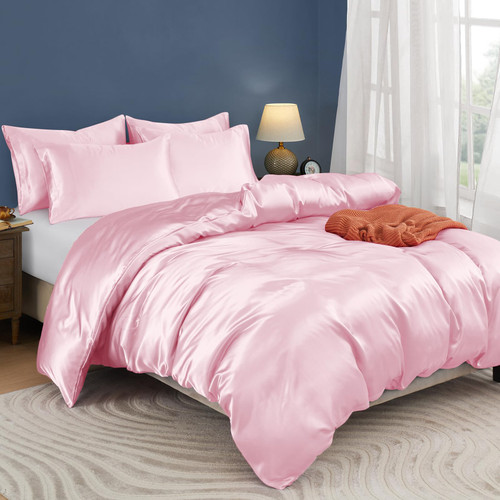 Horbaunal 5 Pieces Satin Duvet Cover Set Queen/Full Size Blush Pink Duvet Cover with Corner Ties & Zipper Closure, Luxury & Silky Bedding Set, 1 Duvet Cover and 4 Pillowcases (No Comforter) Horbaunal 5 Pieces Satin Duvet Cover Set Queen/Full Size Blush Pink Duvet Cover with Corner Ties & Zipper Closure, Luxury & Silky Bedding Set, 1 Duvet Cover and 4 Pillowcases (No Comforter)
