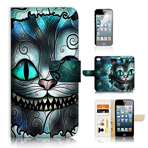 (For iPhone 5 5S/iPhone SE) Flip Wallet Case Cover & Screen Protector Bundle - A21023 Alice Cheshire Cat