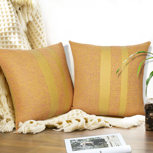 howdy textile Set of 2 18x18 Inch Yellow Throw Pillow Cover with Faux Leather Stripe Pattern Decorative Linen Pillow Cases Soft Solid Cushion Covers for Couch Sofa Bed