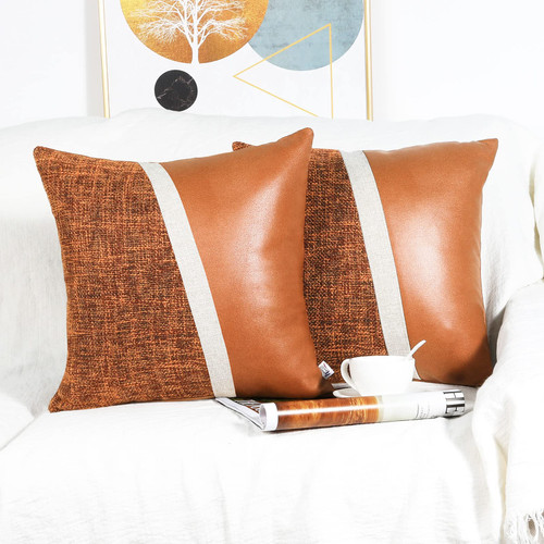 howdy deco Pack of 2 Patchwork Pillow Covers 18x18 Inch, Orange Linen Brown Leather Couch Square Cushion Case Decorative Minimalist Pillow Case for Home Decor Sofa Bed Chair Garden