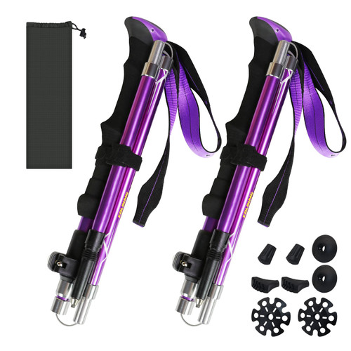 HUGSEE Trekking Poles Collapsible Hiking Poles for Women Upgraded Thickened Aircraft-Grade Aluminum Alloy Trekking Sticks Folding Walking Sticks with Extended Grip Tip Kits Carrying Bag, 2Pack Purple